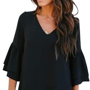 BELONGSCI Women's Dress Sweet & Cute V-Neck Bell Sleeve Shift Dress Mini Dress